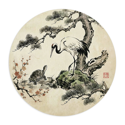 Crane and Turtle Sumi-e Round Mouse Pad with Pine & Plum | MU-NI Japan