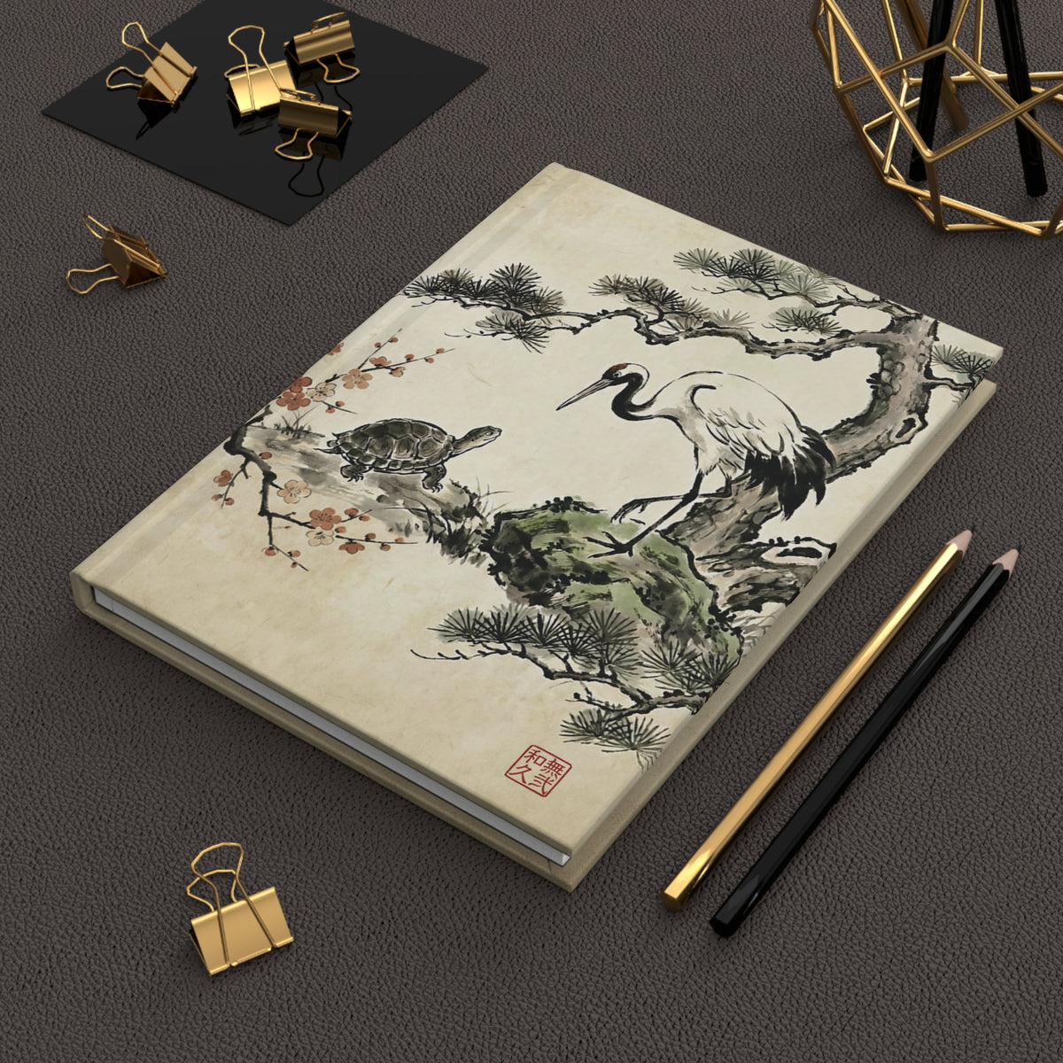 Japanese Crane and Turtle Hardcover Journal Matte - Sumi-e Style, Symbol of Longevity & Peace, Zen Wall Art for Home Decor CT3J | MU-NIJapan