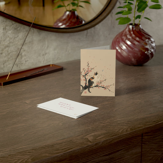Japanese Calico Cat & Cherry Blossom Sakura Greeting Cards(10, 30, 50pcs) | Ink Wash Sumi-e style, Zen Minimalist Japandi CC2P | MU-NI Japan