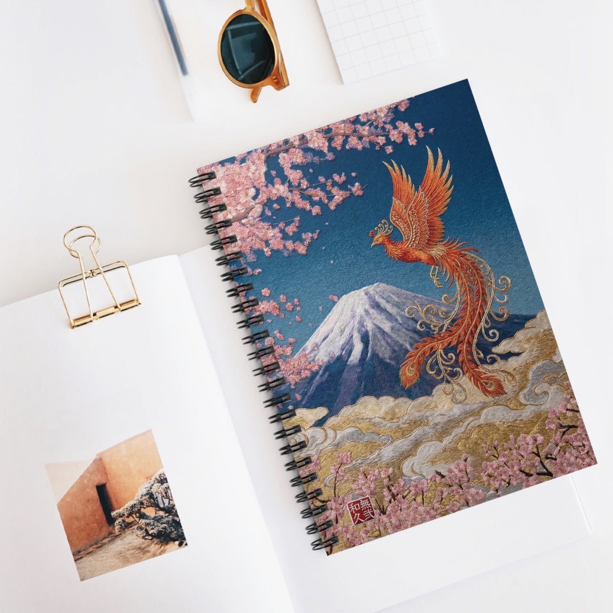 Japanese Phoenix Houou Mt Fuji Sakura Spiral Notebook - Japandi Zen Aesthetic, Embroidery Texture Style, Mindfulness Gift HF3I | MU-NIJapan
