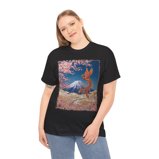 Japanese Phoenix Houou Mt Fuji Sakura T-Shirt - Japandi Zen Aesthetic Tee, Embroidery Texture Style, Mindfulness Gift HF3T | MU-NI Japan
