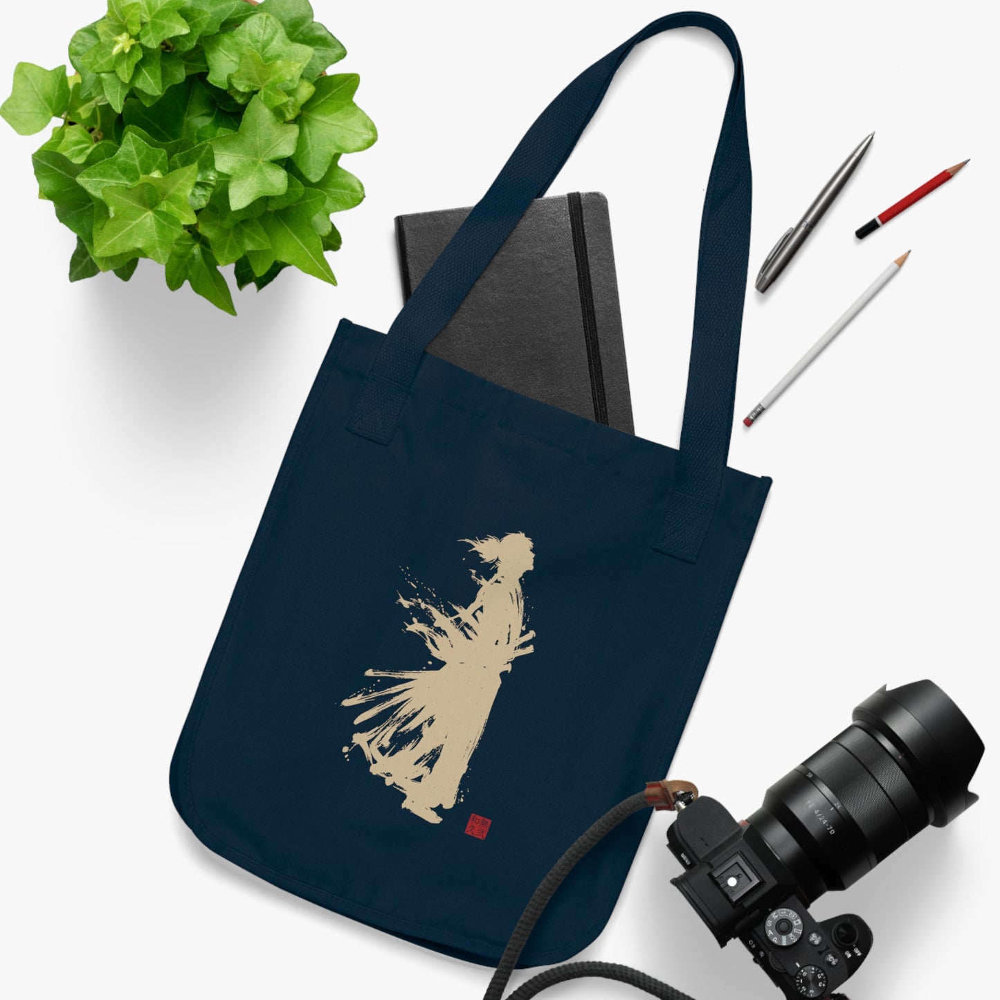 Samurai Warrior Silhouette Organic Cotton Tote Bag, Minimalist Japanese Calligraphy Art , Sustainable Eco-Friendly lgt SR2C | MU-NI Japan