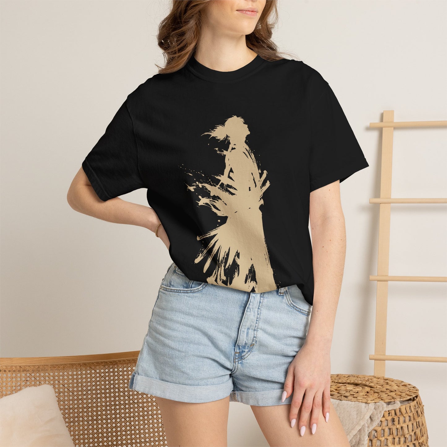 Minimalist Samurai Silhouette Zen T-Shirt - Japanese Calligraphy Kanji Shodo Art - One and Only Garment-Dyed Tee SR2U | MU-NI Japan