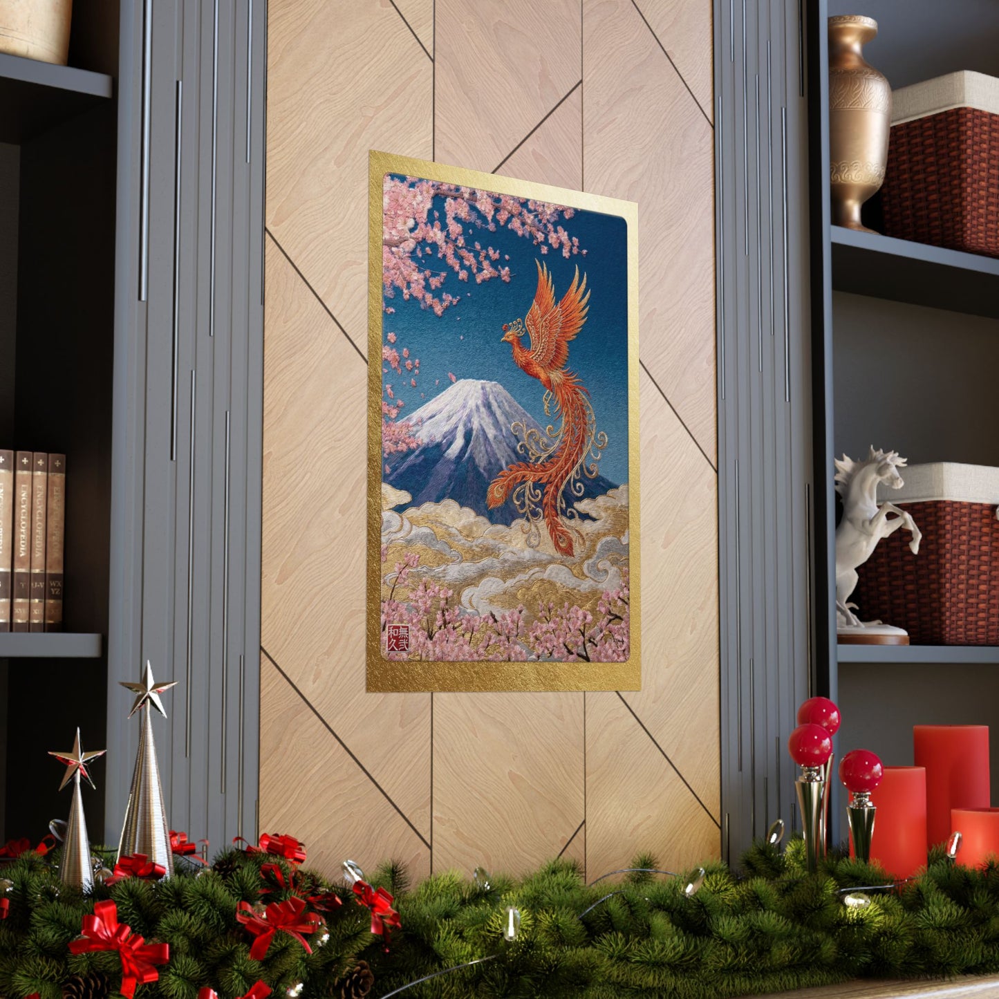 Japanese Phoenix Houou Mount Fuji Wall Art - Modern Embroidery Style Textured Poster | Zen Home Decor & Auspicious Gift HF3I | MU-NI Japan