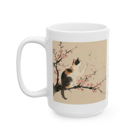 Calico Cat & Cherry Blossom Sakura Ceramic Mug - Japanese Poem Coffee Cup 11oz 15oz | CC2O MU-NI Japan