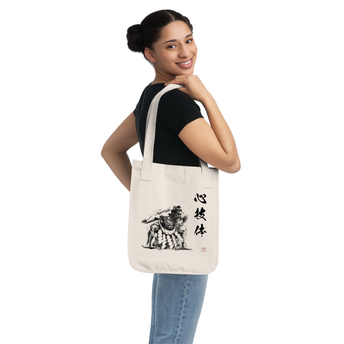Sumo Wrestler Yokozuna Premium Organic Cotton Tote Bag, Japanese Sumi-e Art Canvas Bag, Shin-Gi-Tai Kanji Calligraphy Gift SY1B | MU-NIJapan