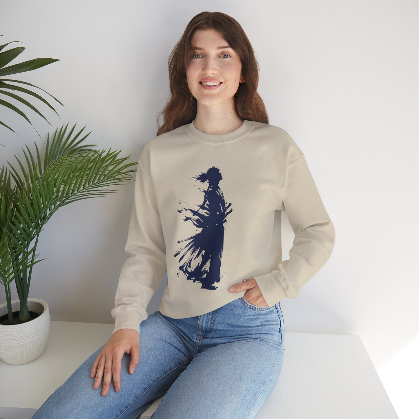 Minimalist Samurai Silhouette Unisex Crewneck Sweatshirt | "The One and Only" Shodo (Japanese Kanji Calligraphy),  SR2S | MU-NI Japan