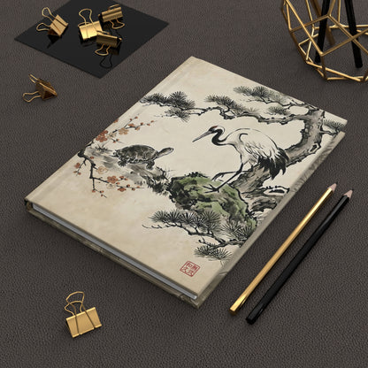 Japanese Crane and Turtle, Pine and Plum Tree Hardcover Journal Matte - Sumi-e Style, Symbol of Longevity & Peace | MU-NI Japan