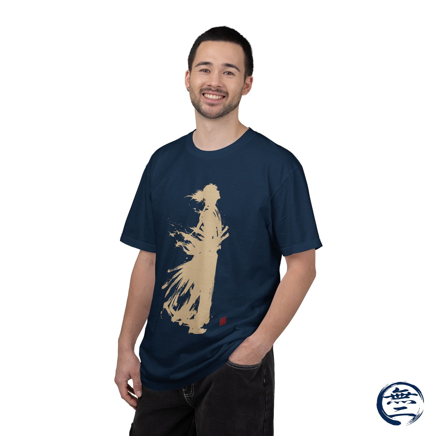 Minimalist Samurai Silhouette Zen T-Shirt - Japanese Calligraphy Kanji Shodo Art - One and Only Garment-Dyed Tee SR2U | MU-NI Japan