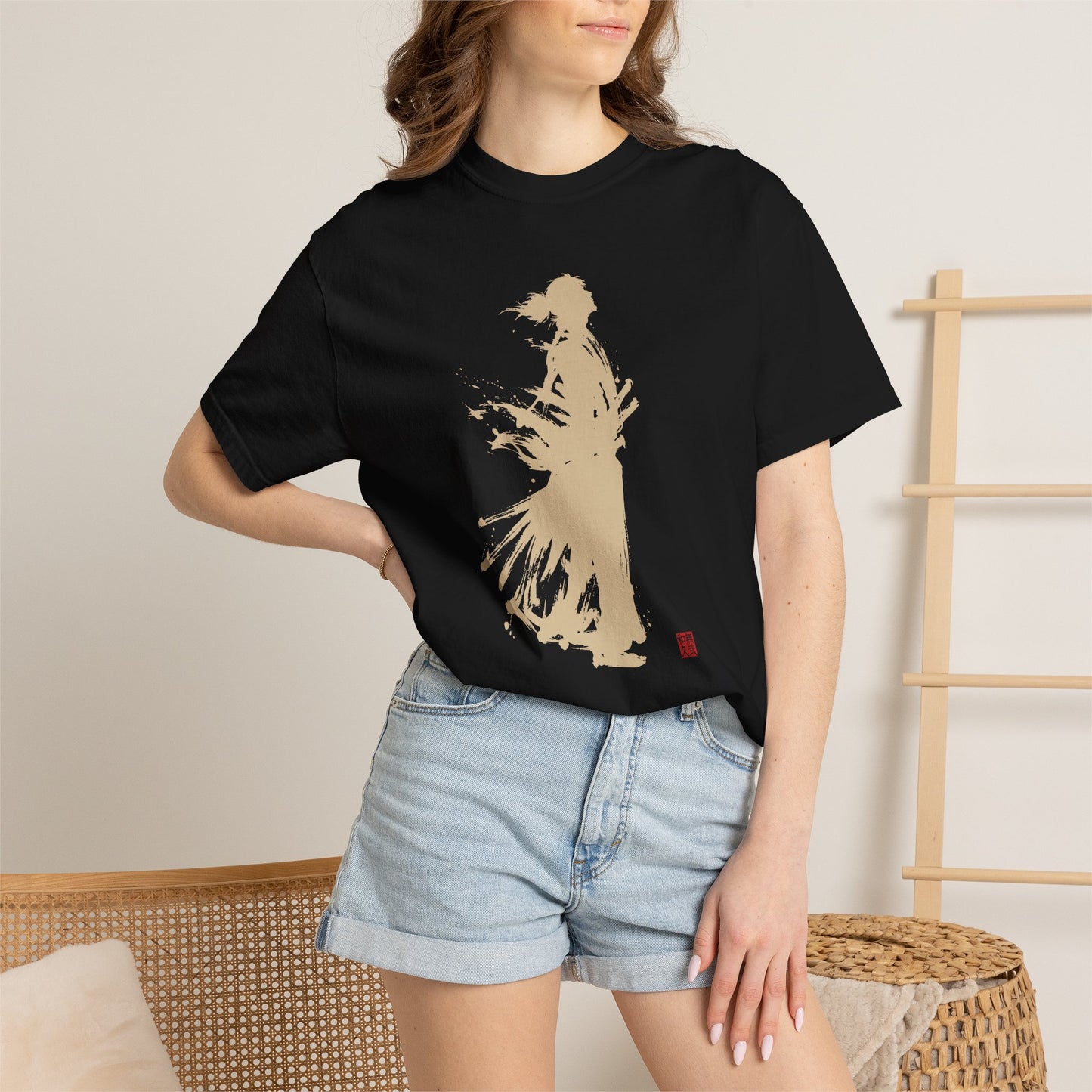 Minimalist Samurai Silhouette Zen T-Shirt - Japanese Calligraphy Kanji Shodo Art - One and Only Garment-Dyed Tee SR3U | MU-NI Japan