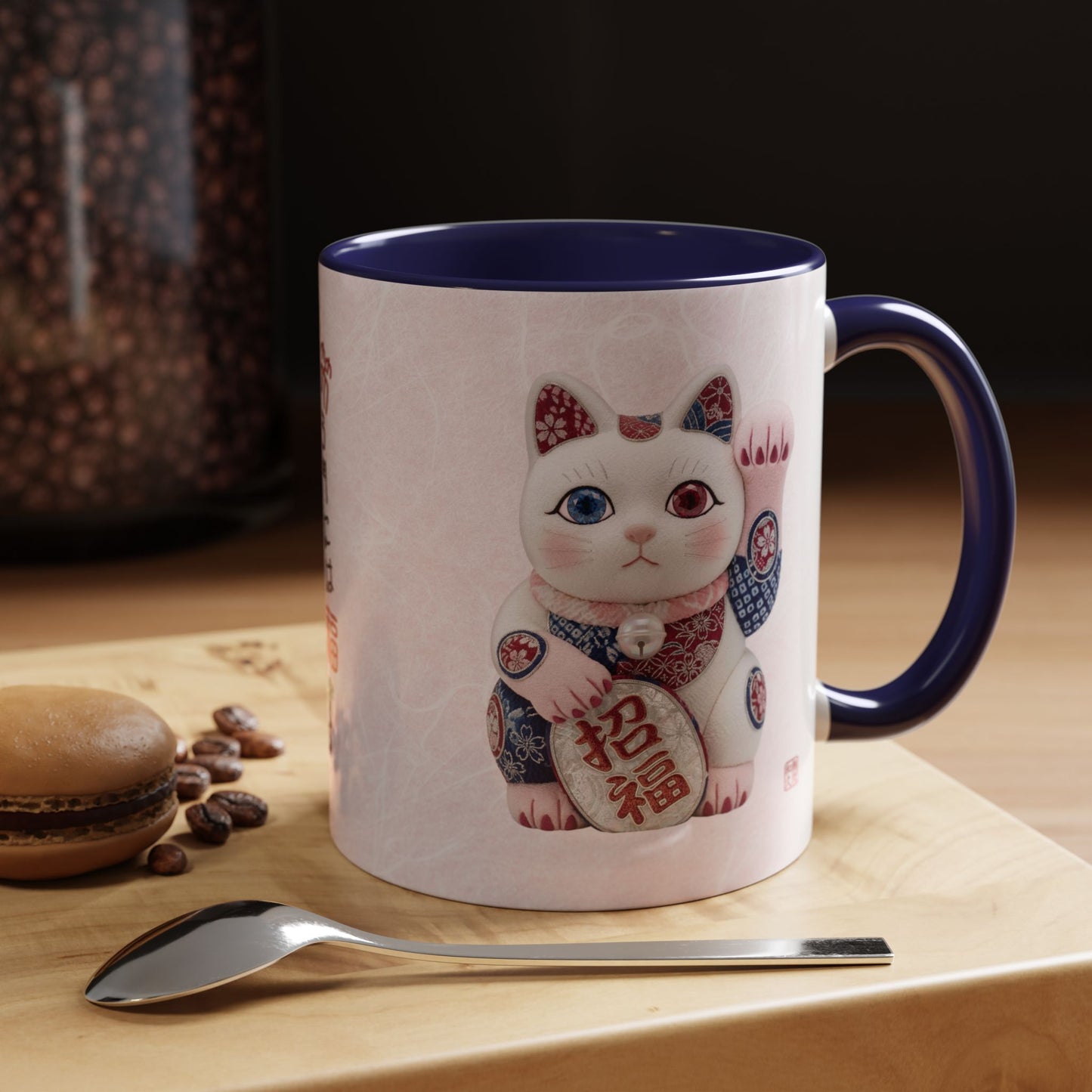 Shin-Maneki neko Modern Kimekomi Decor Style Mug (11oz) | Odd-Eye & Smile Dual Design- Beckon Health and Happiness MS2M | MU-NI Japan