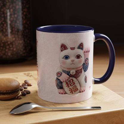 Modern Maneki neko Kimekomi Style Mug (11oz) - Dual Design- Beckon Health and Happiness | NK2M MU-NI Japan