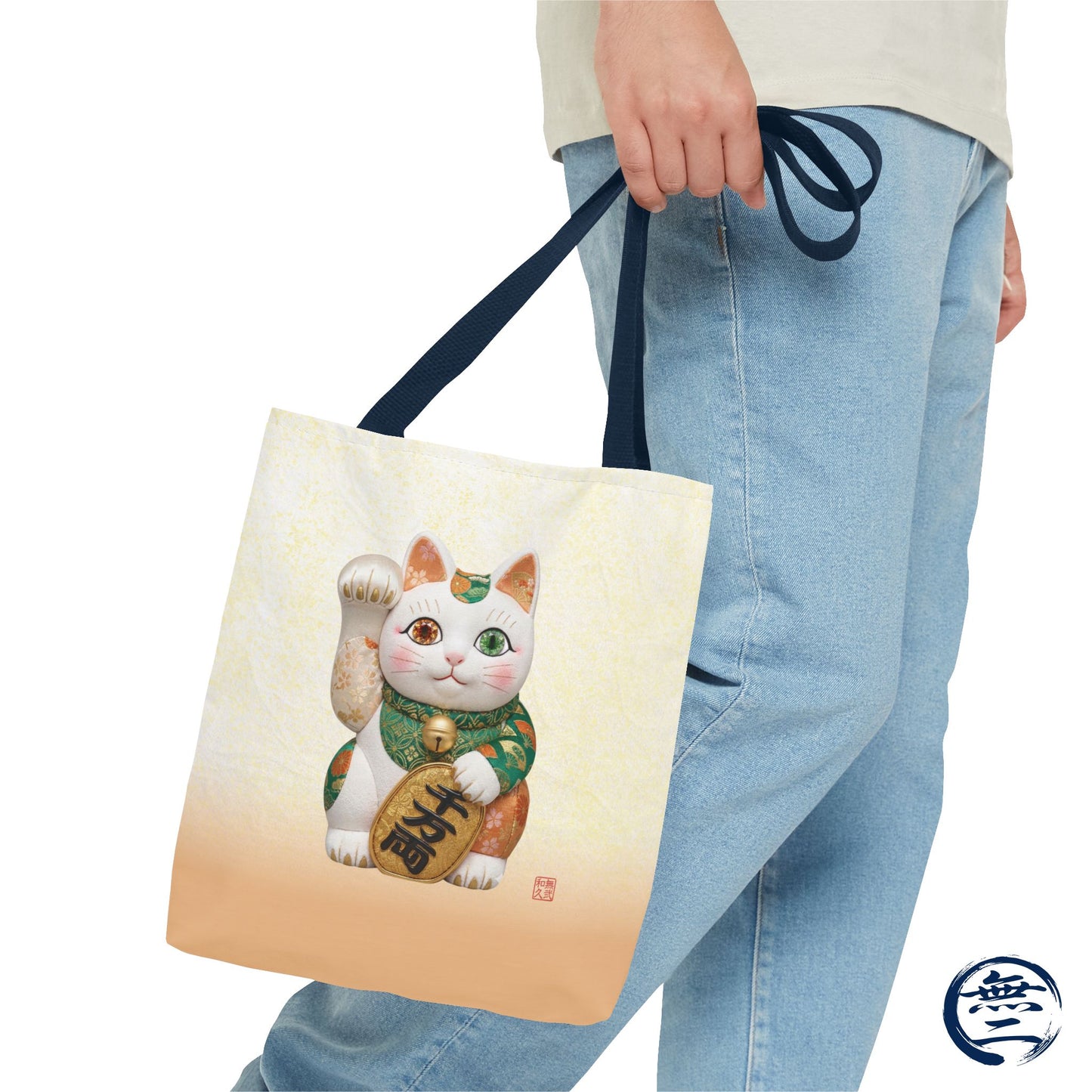 Shin-Maneki neko Modern Kimekomi Decor Style Tote Bag | Kawaii Odd-Eye & Smile Dual Design- Beckon Wealth and Prosperity MK2D | MU-NI Japan