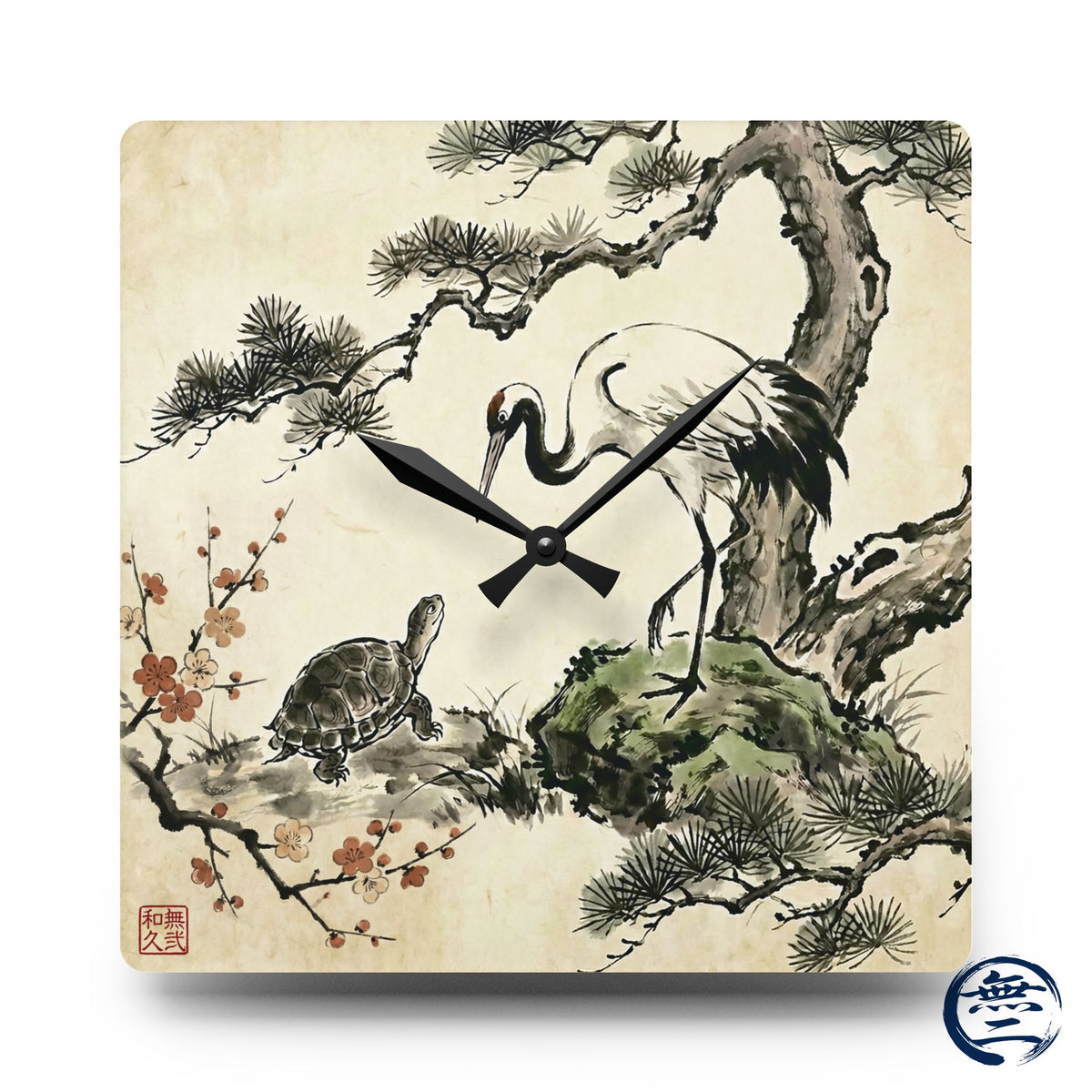 Japanese Crane and Turtle, Pine and Plum Wall Clock - Symbol of Longevity & Peace Wall Art | MU-NI Japan