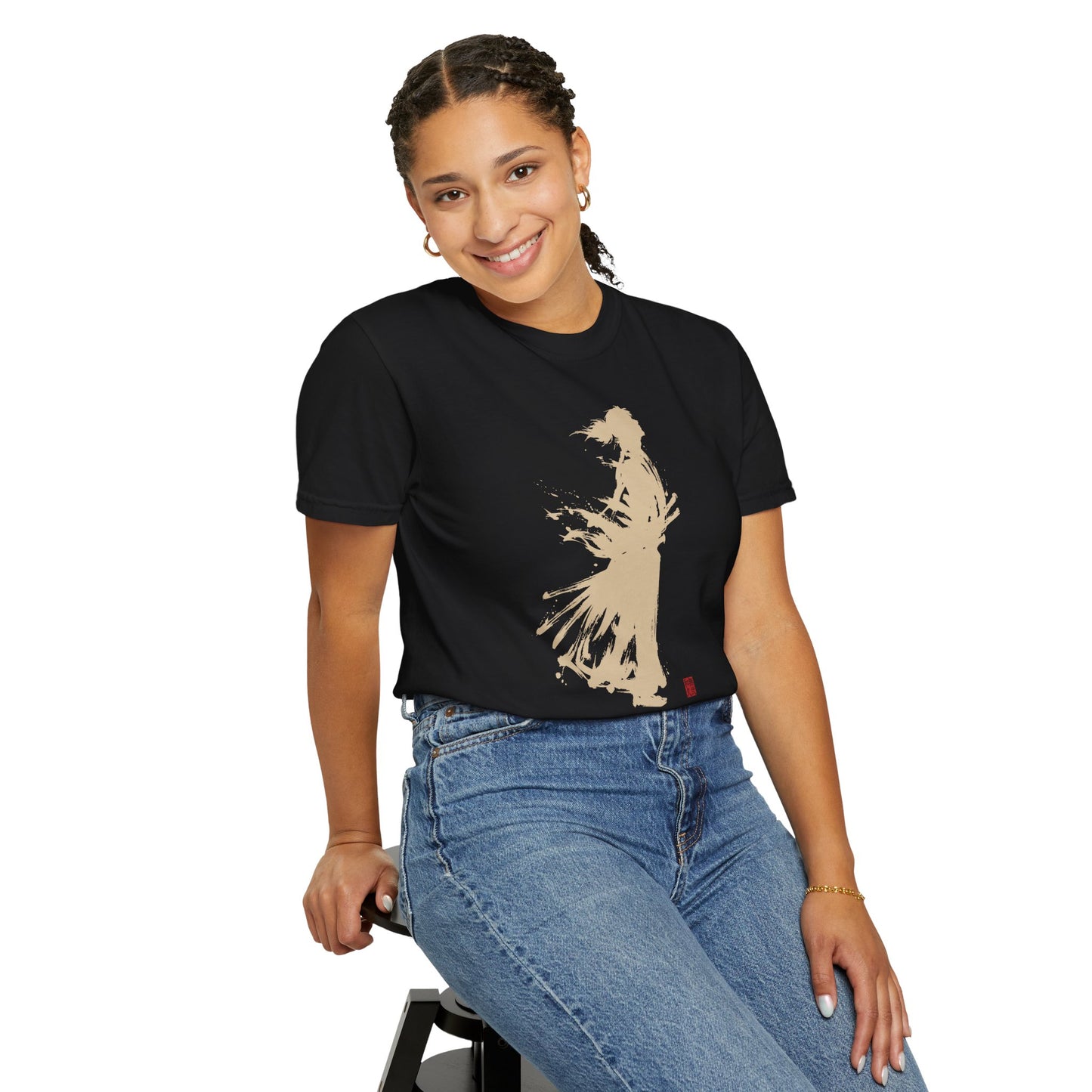 Minimalist Samurai Silhouette Zen T-Shirt - Japanese Calligraphy Kanji Shodo Art - One and Only Garment-Dyed Tee SR3U | MU-NI Japan