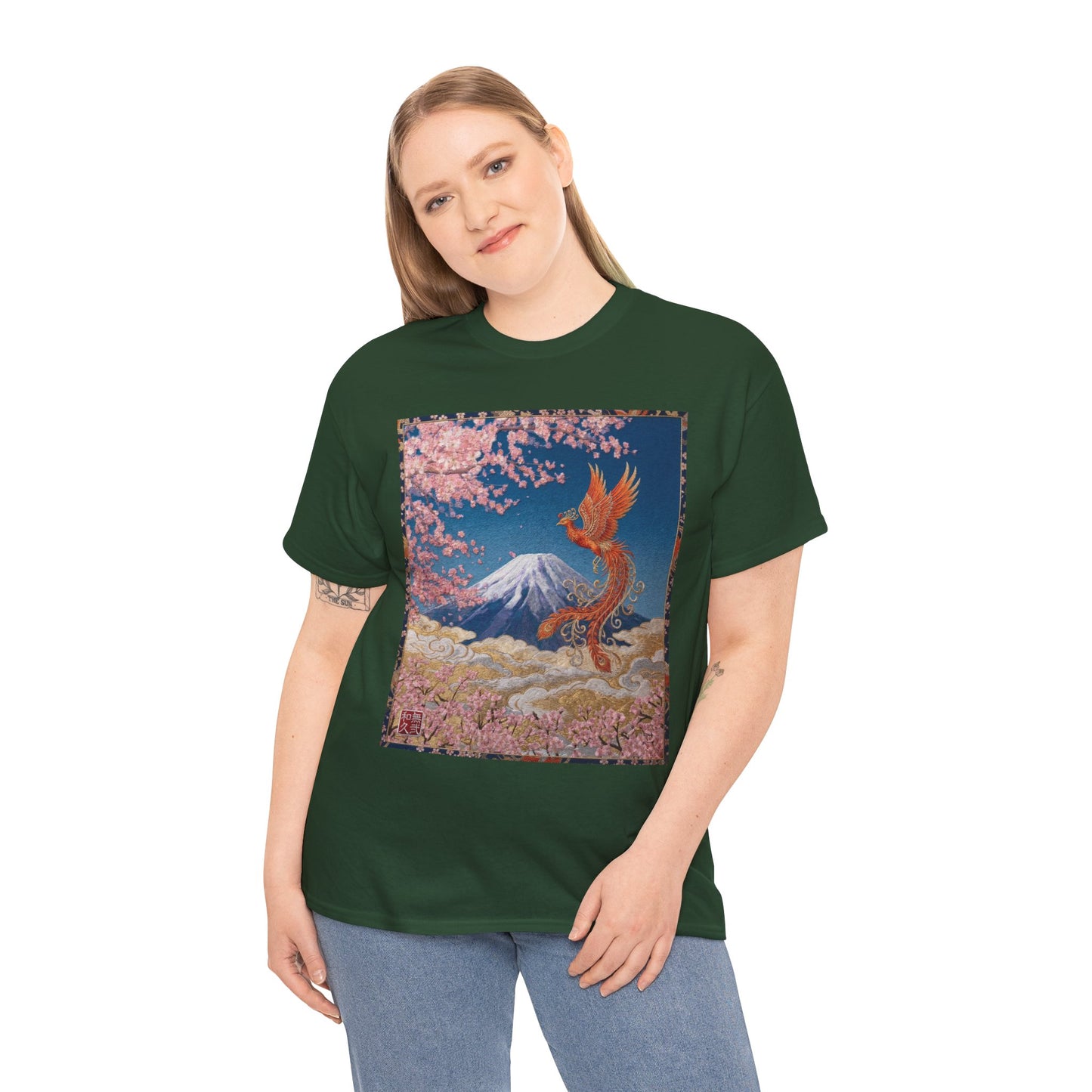 Japanese Phoenix Houou Mt Fuji Sakura T-Shirt - Japandi Zen Aesthetic Tee, Embroidery Texture Style, Mindfulness Gift HF3T | MU-NI Japan