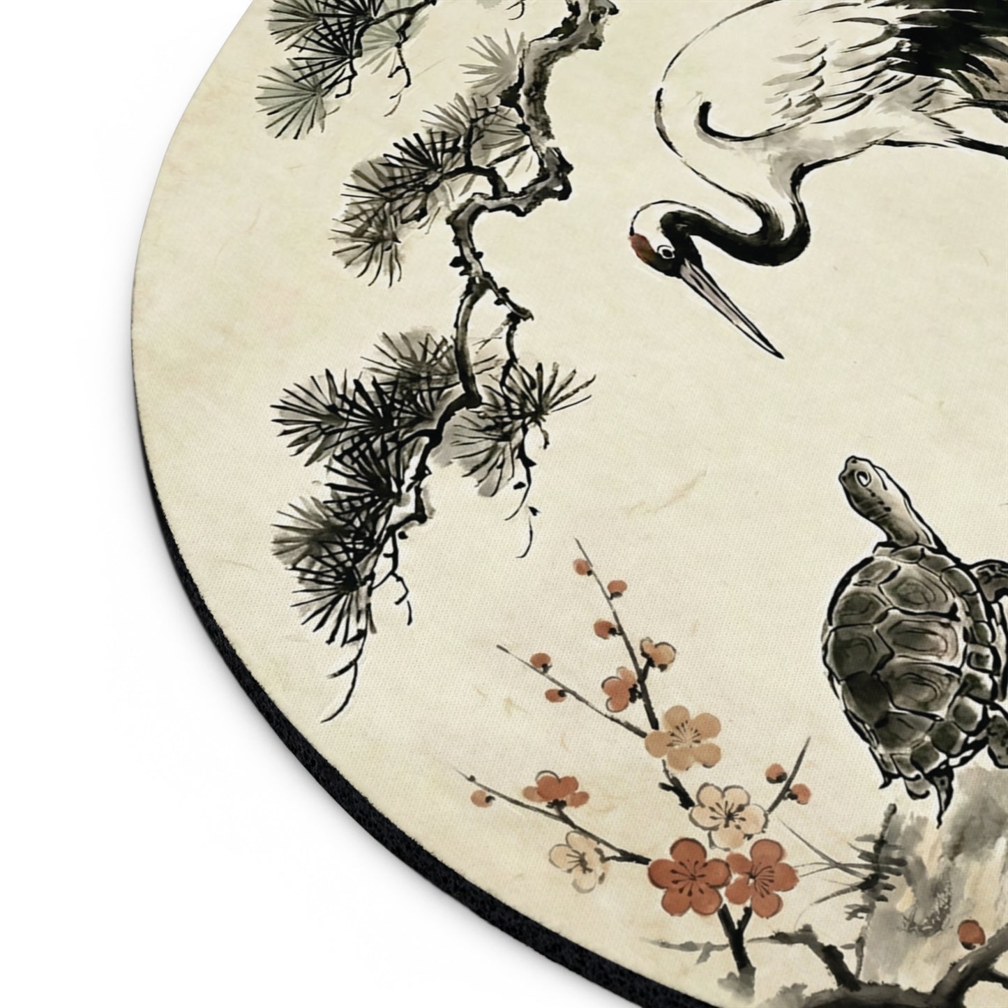 Crane and Turtle Sumi-e Round Mouse Pad with Pine & Plum | MU-NI Japan