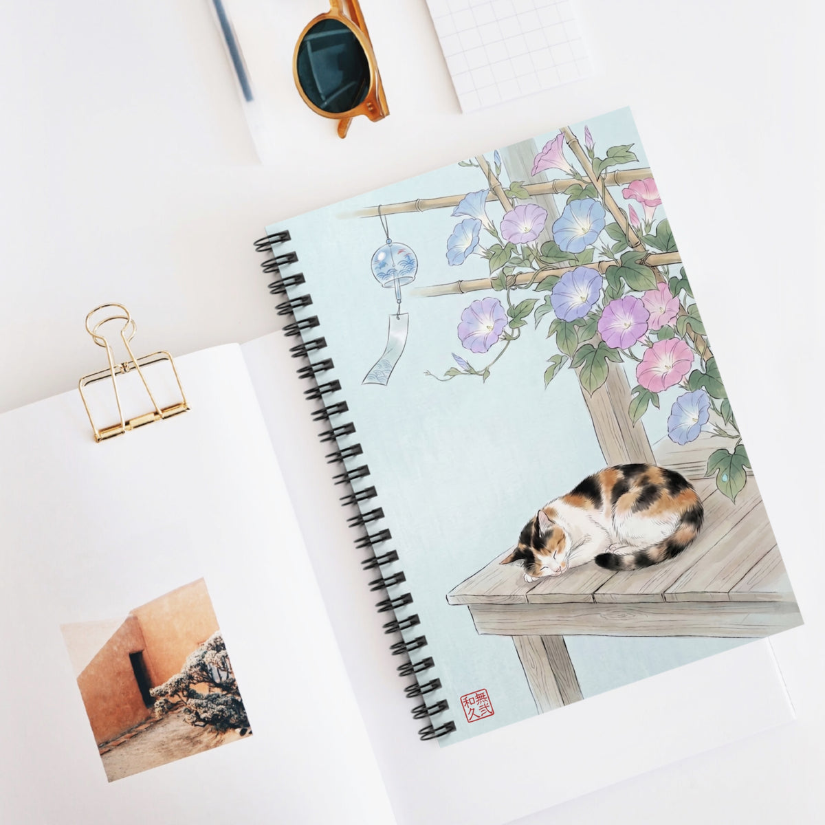 Japanese Calico Cat and Morning Glory Spiral Notebook - Cute Summer Wind Chime Journal | CC4I MU-NI Japan