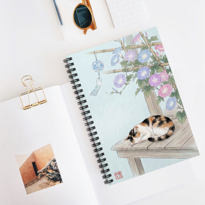 Japanese Calico Cat and Morning Glory Spiral Notebook - Cute Summer Wind Chime Journal | CC4I MU-NI Japan