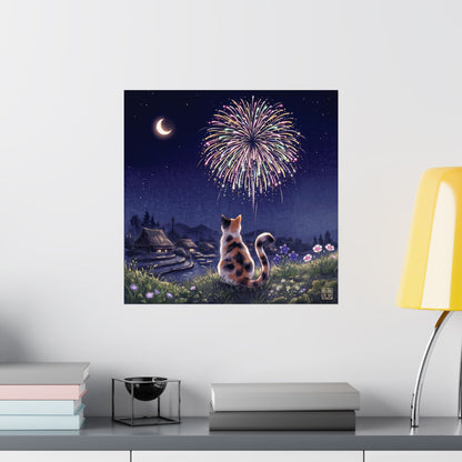 Calico Cat and Fireworks Art Print - Japanese Nostalgic Summer Night Poster | MU-NI Japan