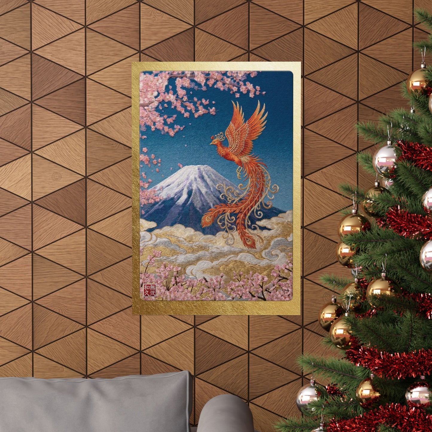 Japanese Phoenix Houou Mount Fuji Wall Art - Modern Embroidery Style Textured Poster | Zen Home Decor & Auspicious Gift HF3I | MU-NI Japan