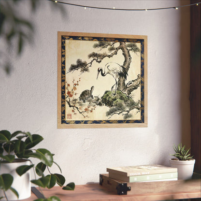 Japanese Crane and Turtle Pine and Plum Tree Matte Square Poster - Symbol of Longevity & Peace  | CT2K MU-NI Japan