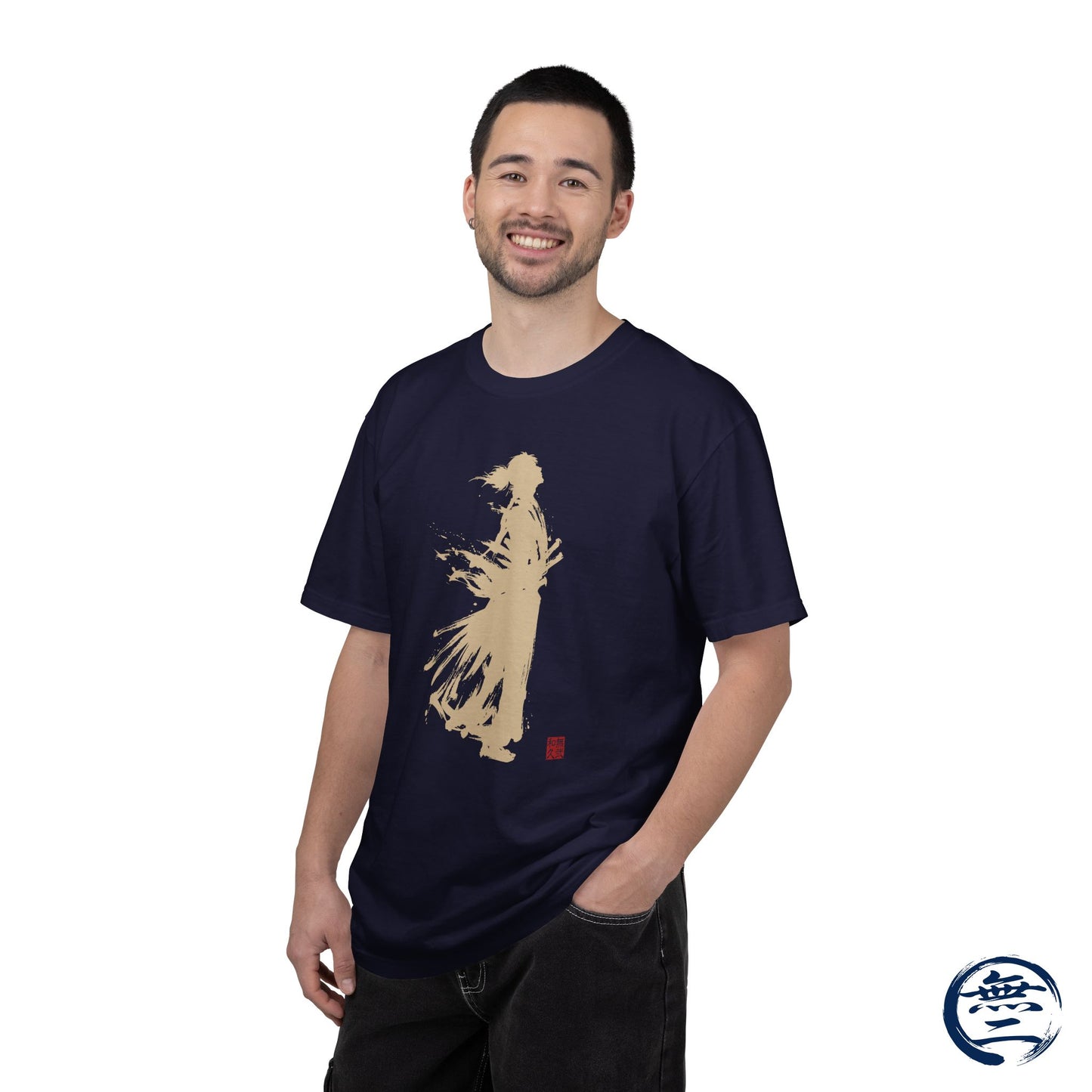 Minimalist Samurai Silhouette Zen T-Shirt - Japanese Calligraphy Kanji Shodo Art - One and Only Garment-Dyed Tee SR3U | MU-NI Japan