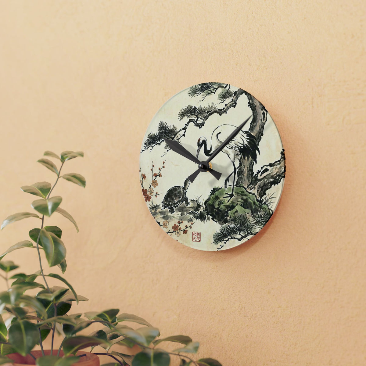 Japanese Crane and Turtle, Pine and Plum Wall Clock - Symbol of Longevity & Peace Wall Art | MU-NI Japan