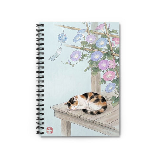 Japanese Calico Cat and Morning Glory Spiral Notebook - Cute Summer Wind Chime Journal | CC4I MU-NI Japan