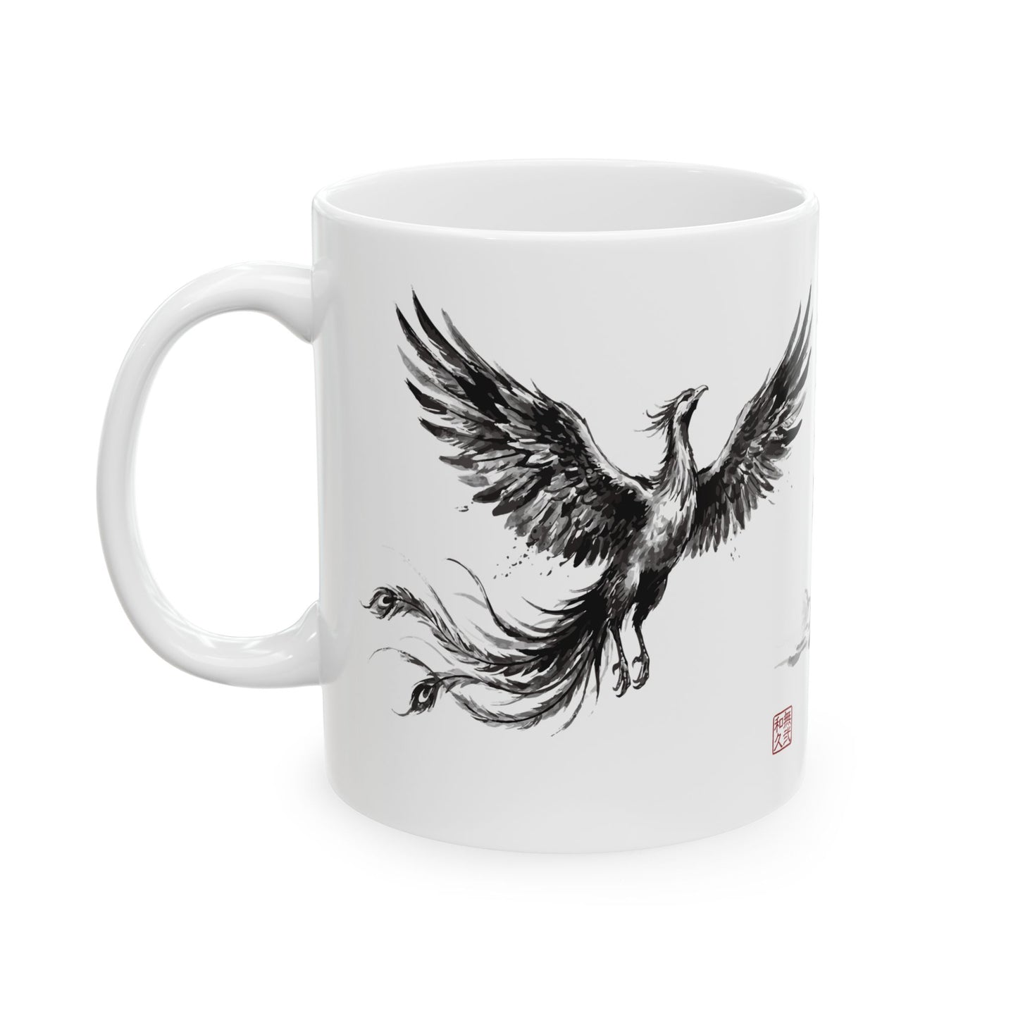 Rising Phoenix Houou over Mount Fuji Ceramic Mug - Japanese Sumi-e Zen Art Coffee Cup, Aesthetic Japandi Home Decor Gift HF1L | MU-NI Japan