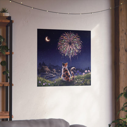 Calico Cat and Fireworks Art Print - Japanese Nostalgic Summer Night Poster | MU-NI Japan