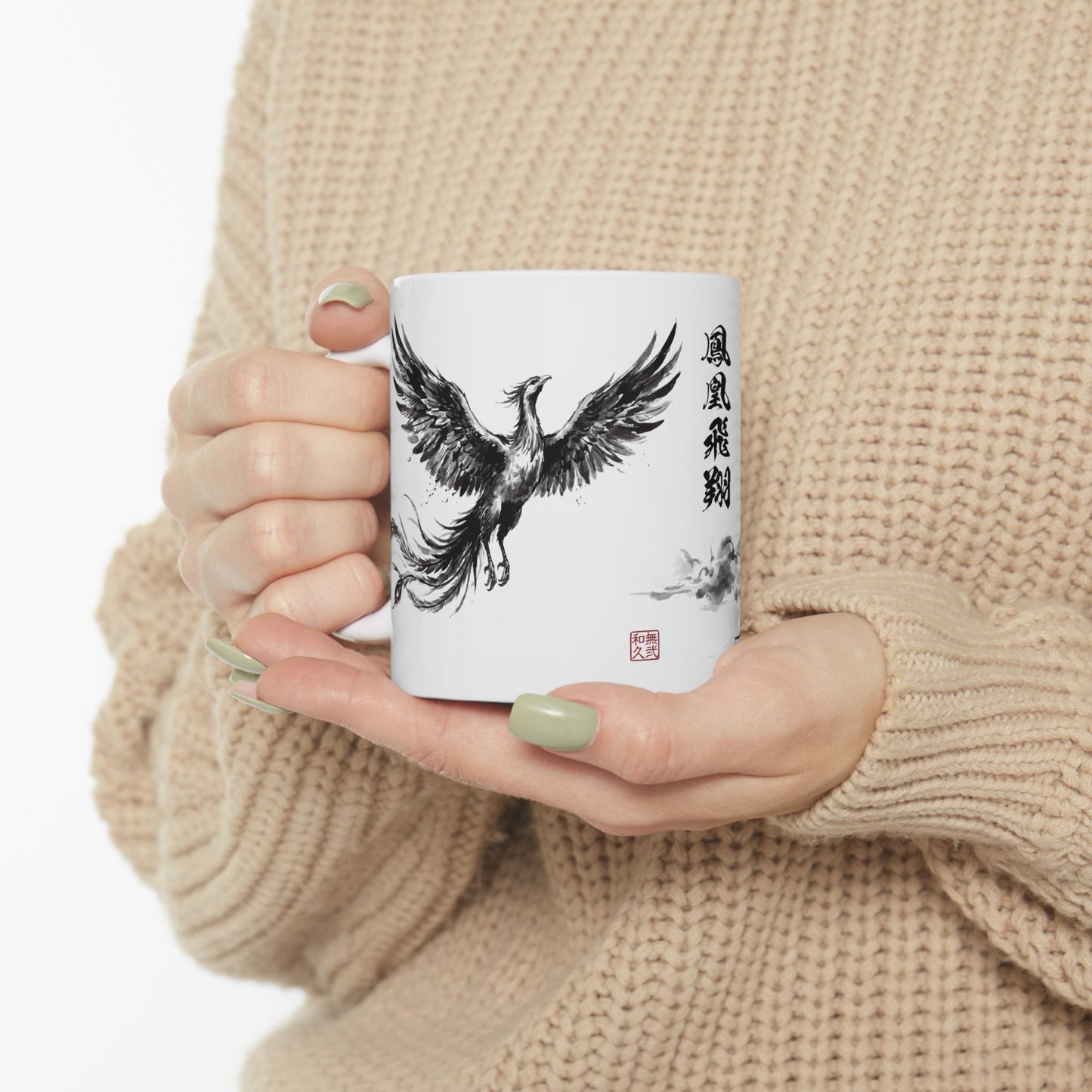 Rising Phoenix Houou over Mount Fuji Ceramic Mug - Japanese Sumi-e Zen Art Coffee Cup, Aesthetic Japandi Home Decor Gift HF1L | MU-NI Japan