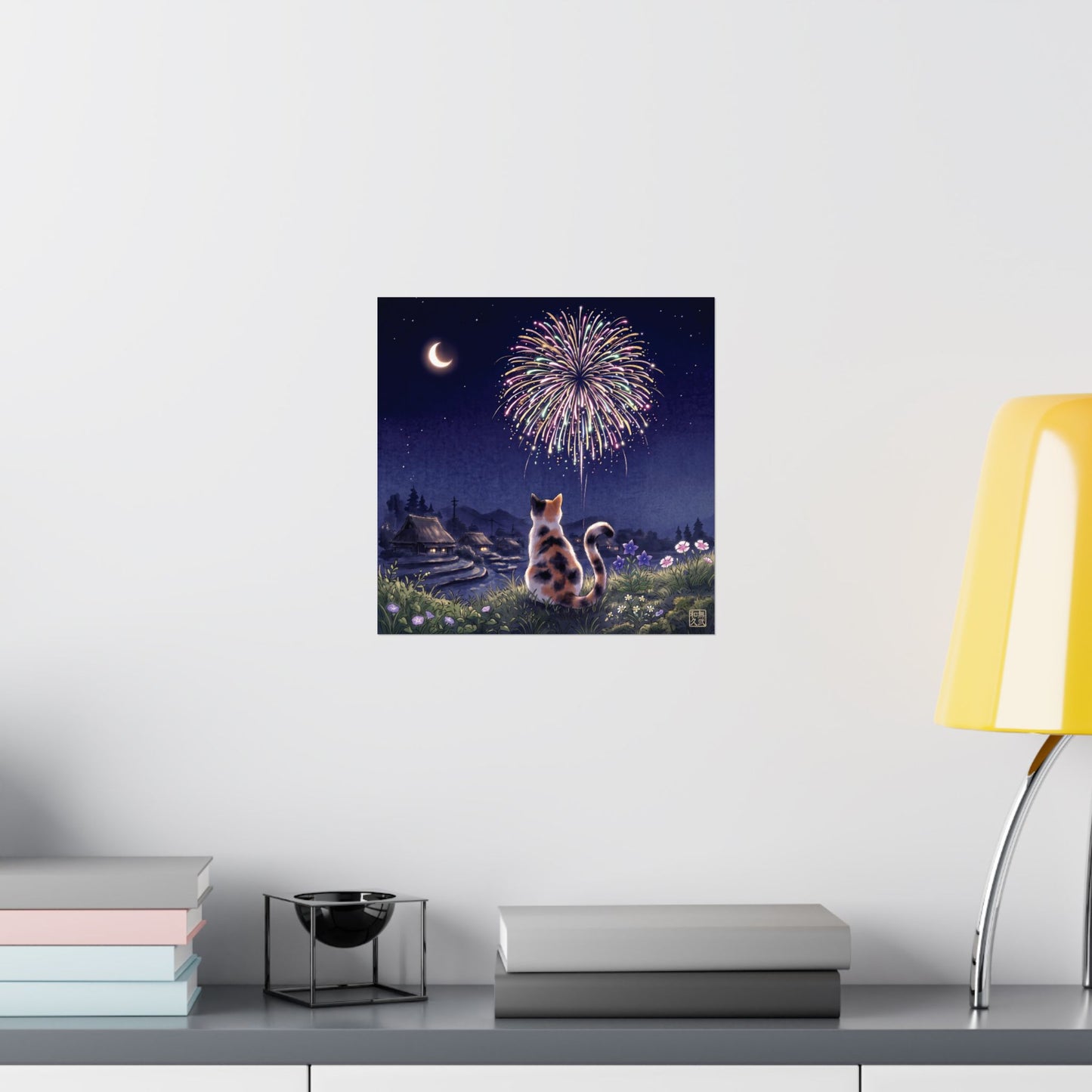 Calico Cat and Fireworks Art Print - Japanese Nostalgic Summer Night Poster | MU-NI Japan