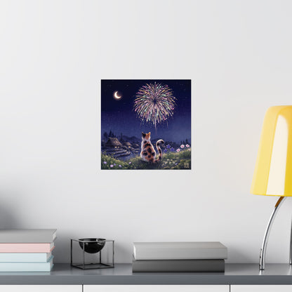 Calico Cat and Fireworks Art Print - Japanese Nostalgic Summer Night Poster | MU-NI Japan
