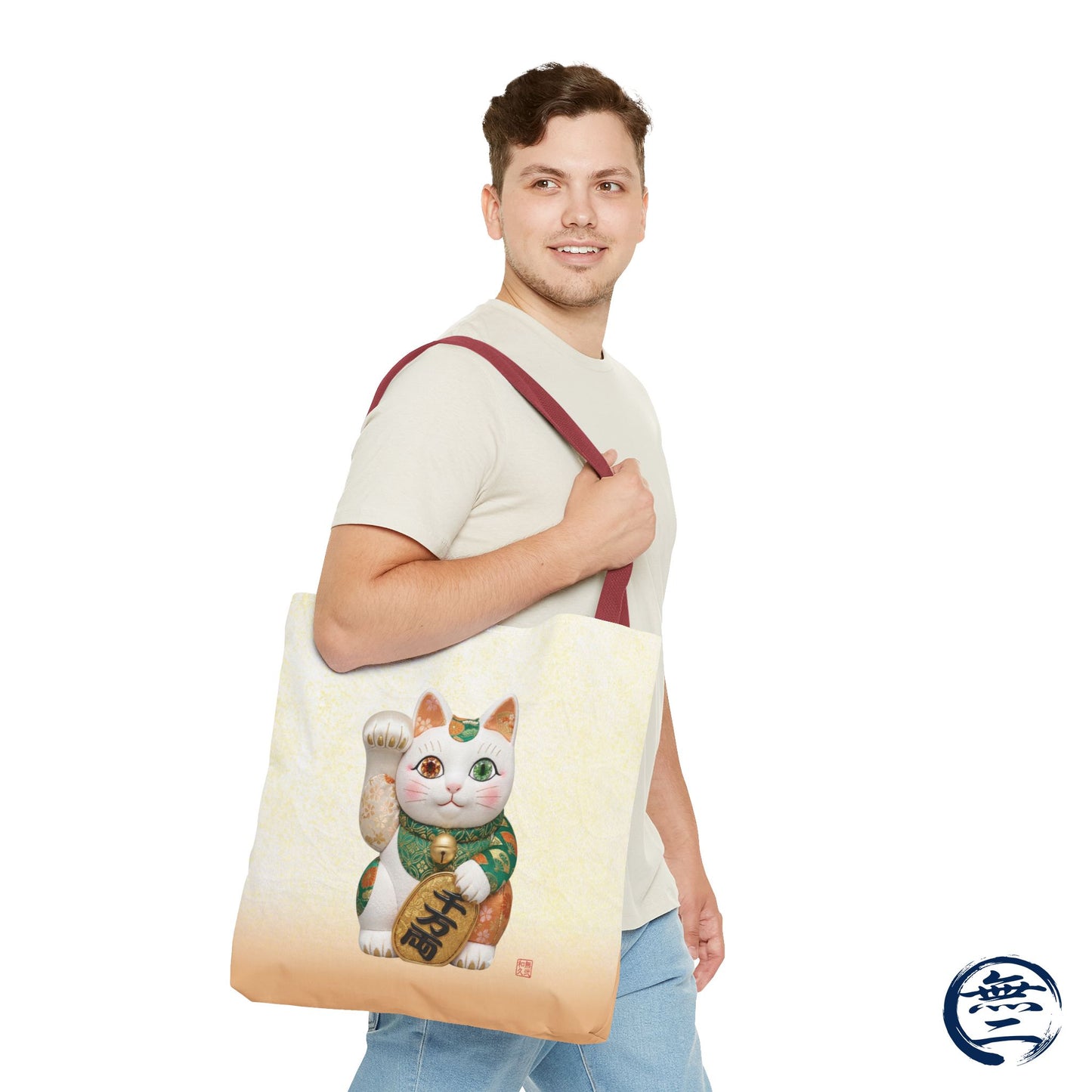 Shin-Maneki neko Modern Kimekomi Decor Style Tote Bag | Kawaii Odd-Eye & Smile Dual Design- Beckon Wealth and Prosperity MK2D | MU-NI Japan