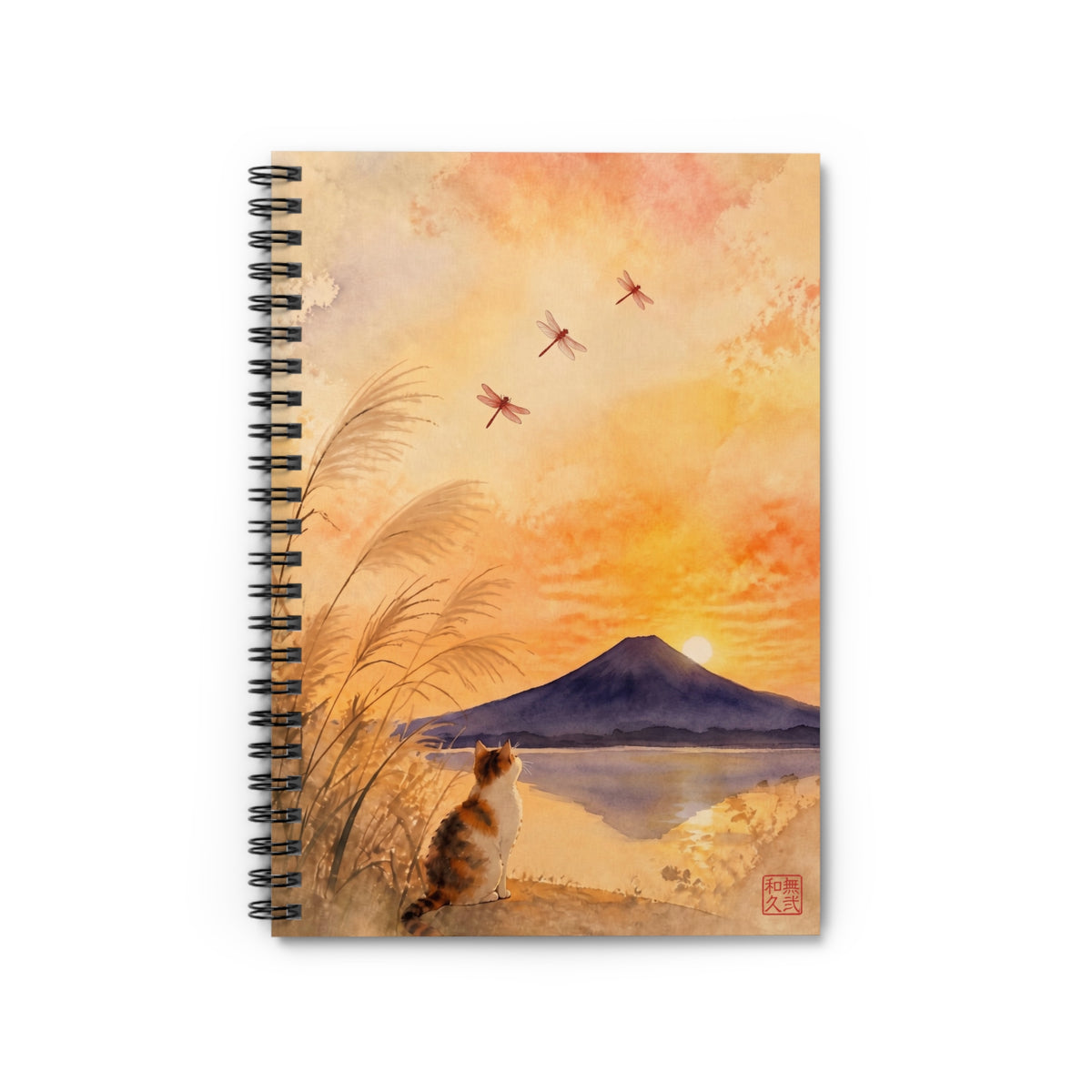 Japanese Calico Cat and Autumn Mount Fuji Sunset Spiral Notebook | MU-NI Japan