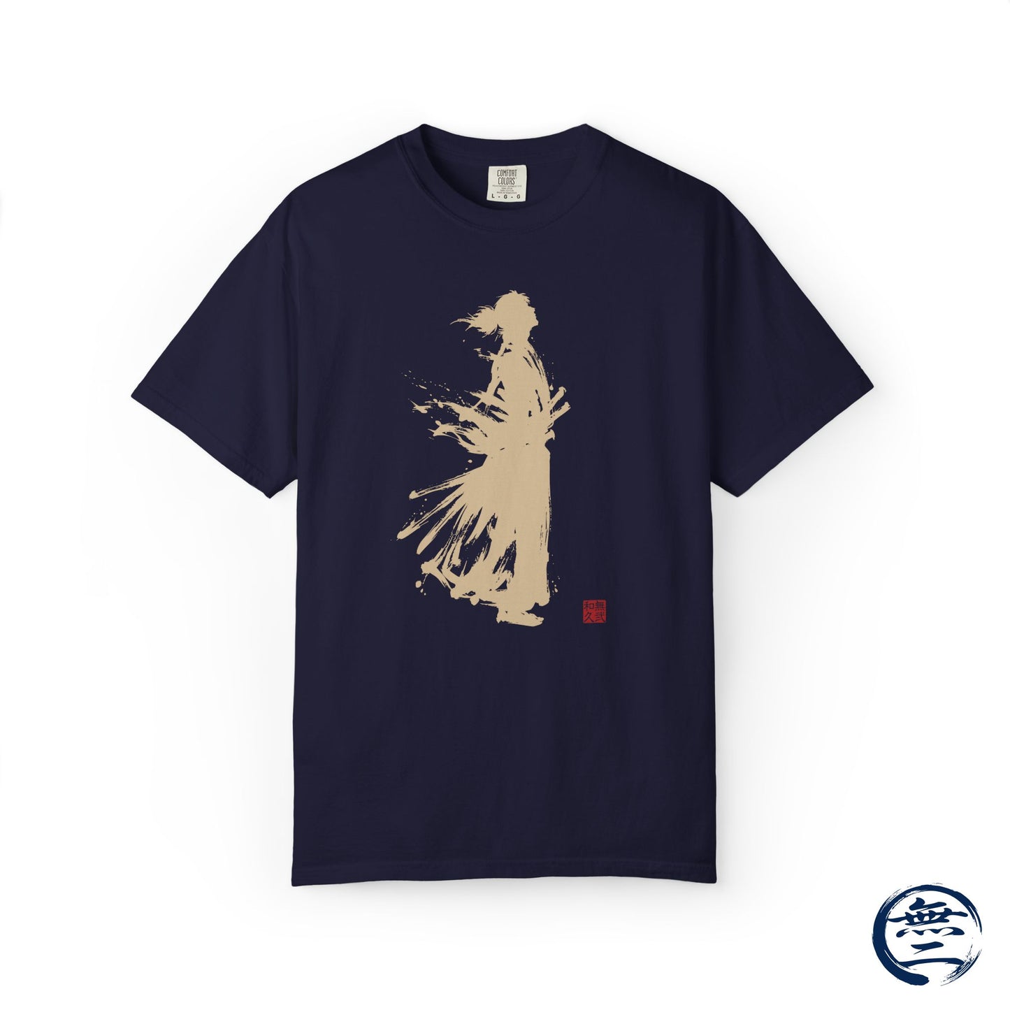 Minimalist Samurai Silhouette Zen T-Shirt - Japanese Calligraphy Kanji Shodo Art - One and Only Garment-Dyed Tee SR3U | MU-NI Japan