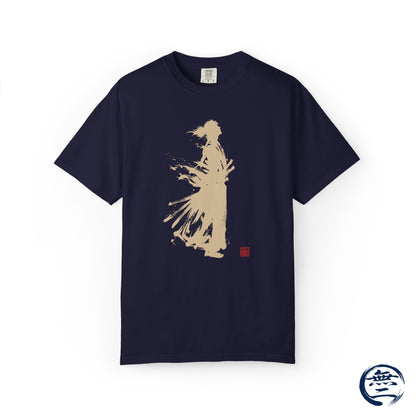 Minimalist Samurai Silhouette Zen T-Shirt - Japanese Calligraphy Kanji Shodo Art - One and Only Garment-Dyed Tee SR3U | MU-NI Japan