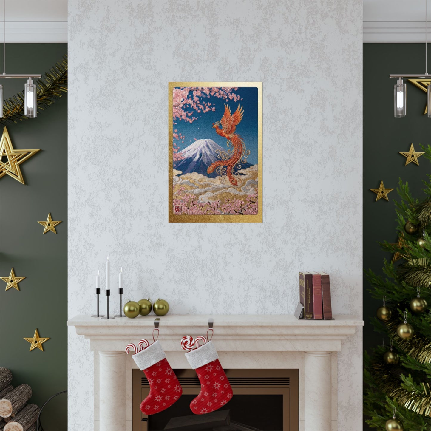 Japanese Phoenix Houou Mount Fuji Wall Art - Modern Embroidery Style Textured Poster | Zen Home Decor & Auspicious Gift HF3I | MU-NI Japan