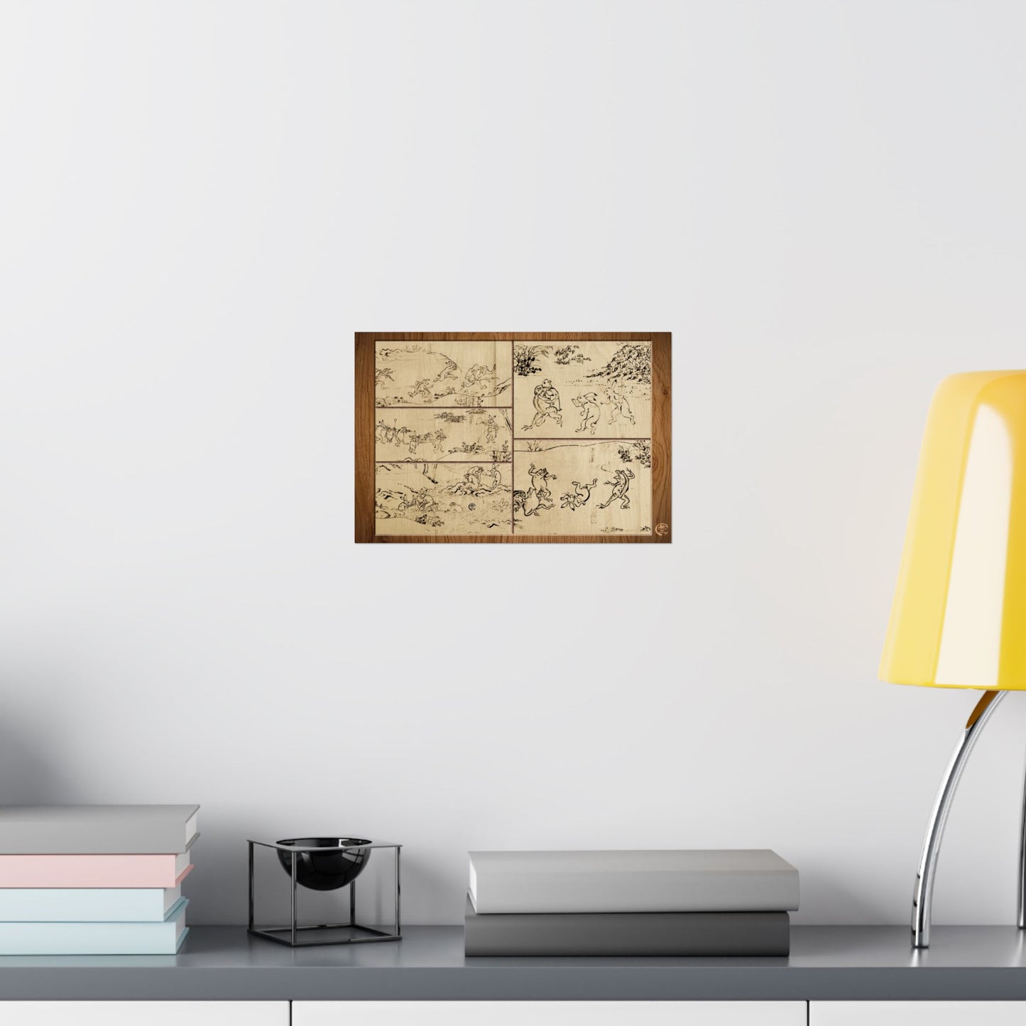 Choju Giga Frogs and Rabbits Woodburn Style Japanese Art Print- -3D Printed Frame Effect Wall Decor Poster | MU-NI Japan