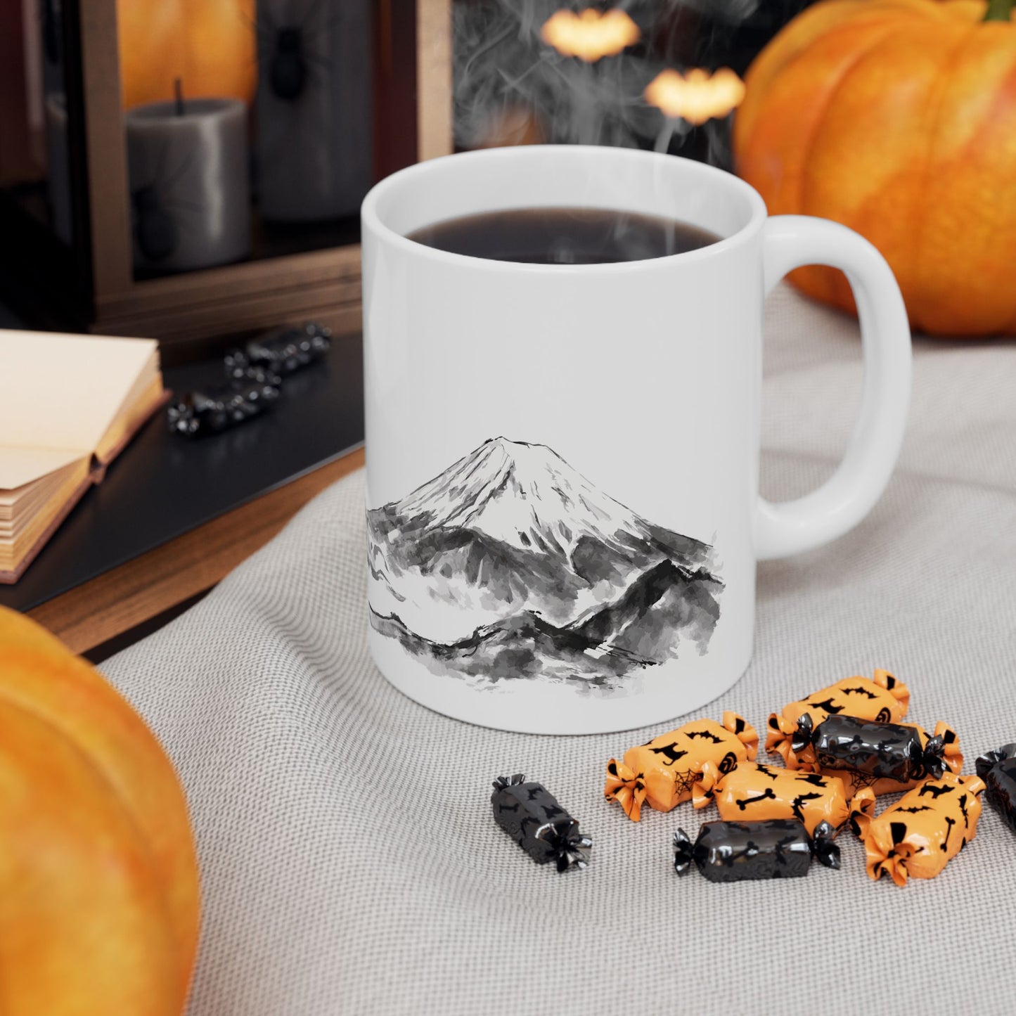 Rising Phoenix Houou over Mount Fuji Ceramic Mug - Japanese Sumi-e Zen Art Coffee Cup, Aesthetic Japandi Home Decor Gift HF1L | MU-NI Japan