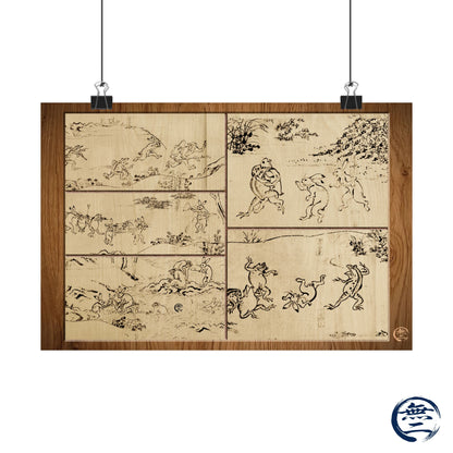 Choju Giga Frogs and Rabbits Woodburn Style Japanese Art Print- -3D Printed Frame Effect Wall Decor Poster | MU-NI Japan