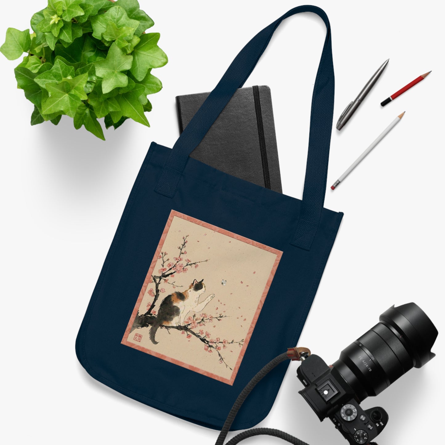 Japanese Calico Cat & Cherry Blossom "Sakura" Premium Organic Canvas Tote Bag | CC3B MU-NI Japan