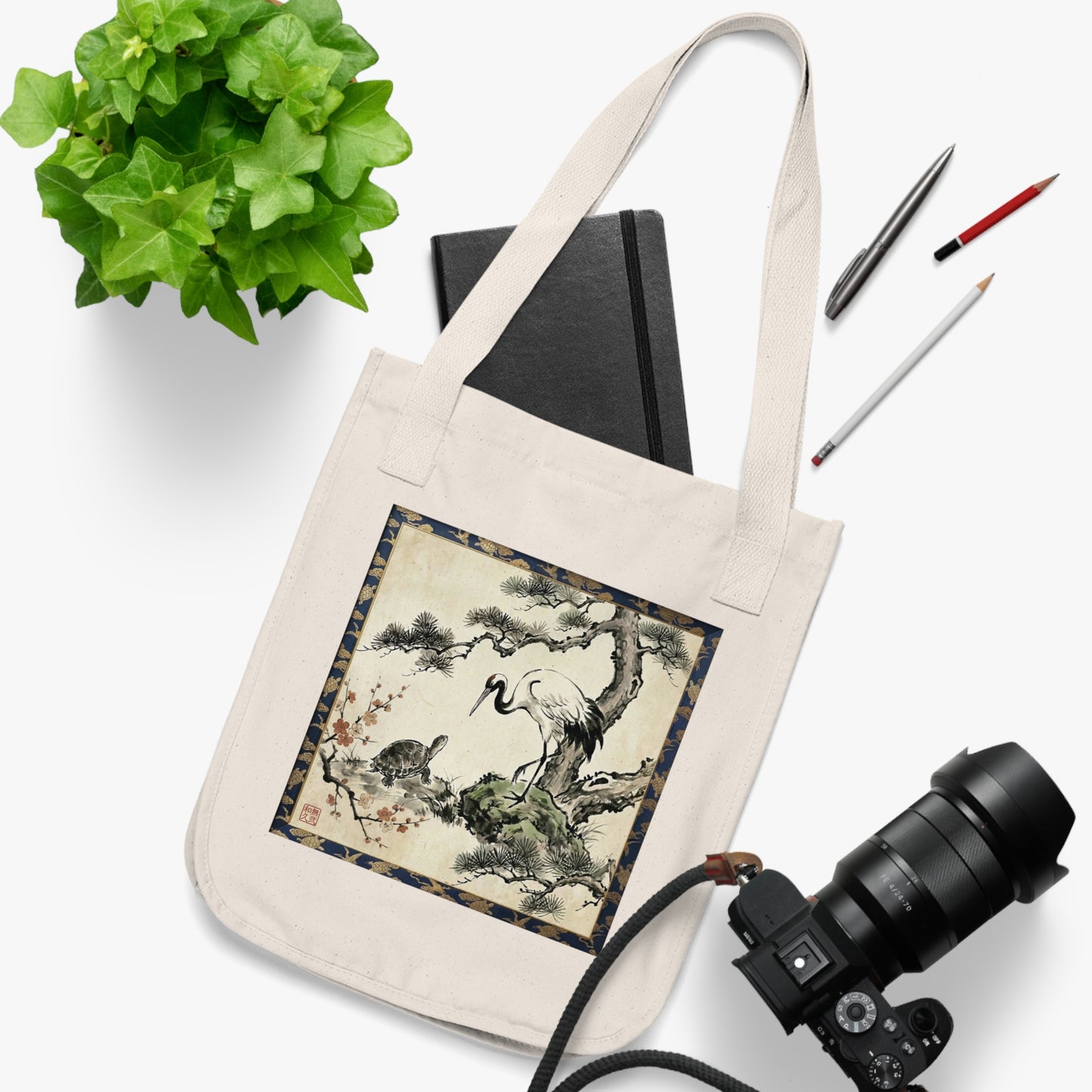 Japanese Crane and Turtle Premium Organic Cotton Tote Bag - Zen Sumi-e Art Canvas Bag, Symbol of Longevity & Peace Gift CT2B | MU-NI Japan