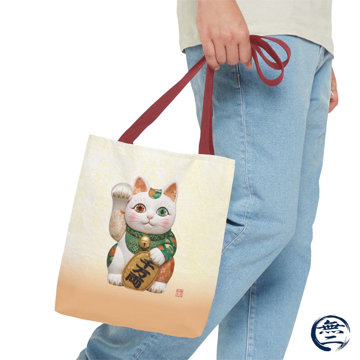 Shin-Maneki neko Modern Kimekomi Decor Style Tote Bag | Kawaii Odd-Eye & Smile Dual Design- Beckon Wealth and Prosperity MK2D | MU-NI Japan