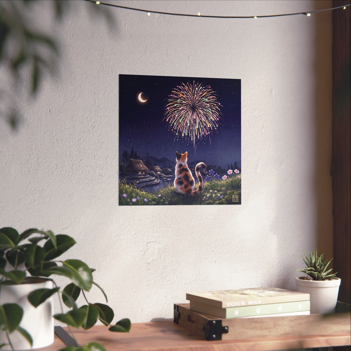 Calico Cat and Fireworks Art Print - Japanese Nostalgic Summer Night Poster | MU-NI Japan