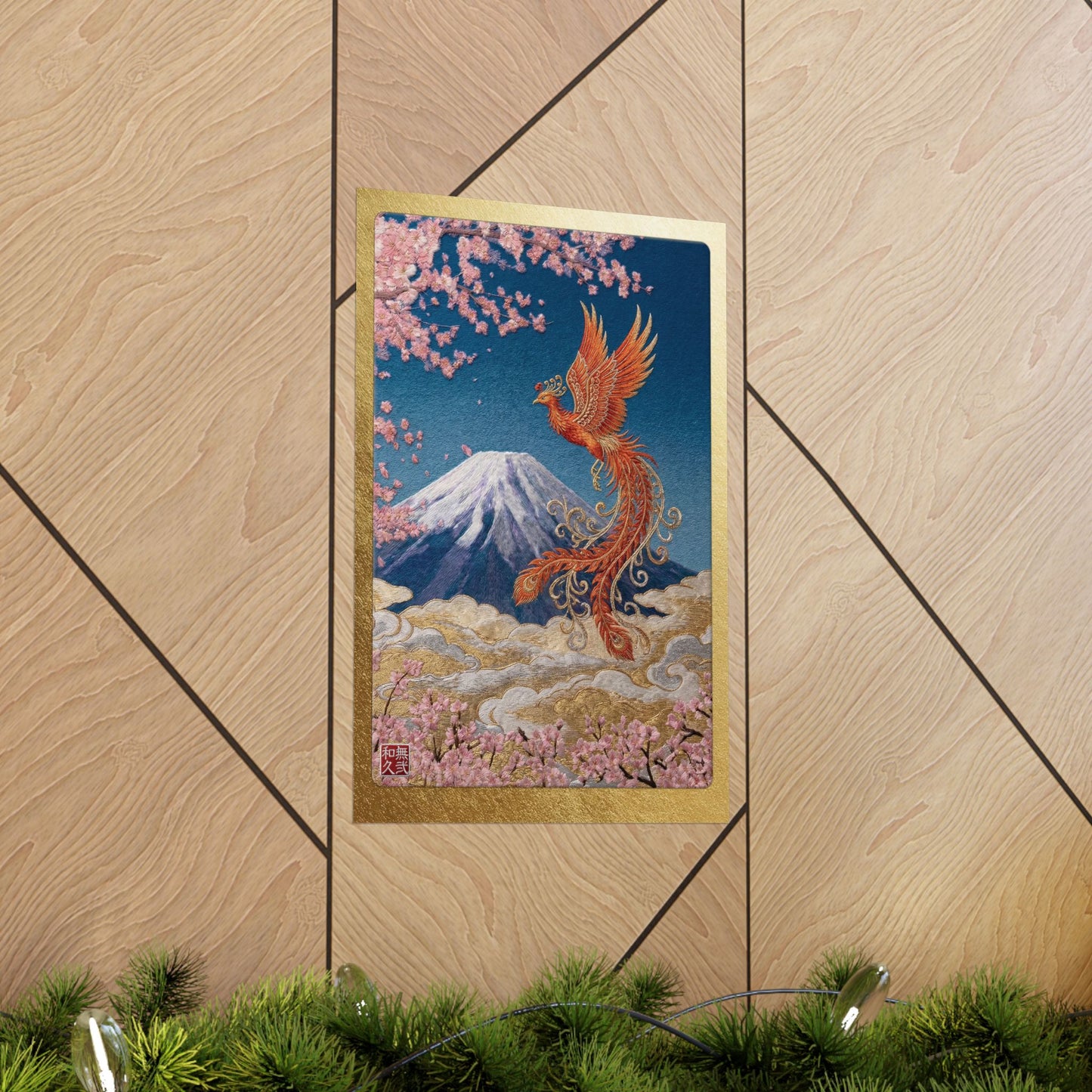Japanese Phoenix Houou Mount Fuji Wall Art - Modern Embroidery Style Textured Poster | Zen Home Decor & Auspicious Gift HF3I | MU-NI Japan
