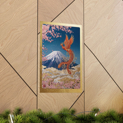 Japanese Phoenix Houou Mount Fuji Wall Art - Modern Embroidery Style Textured Poster | Zen Home Decor & Auspicious Gift HF3I | MU-NI Japan