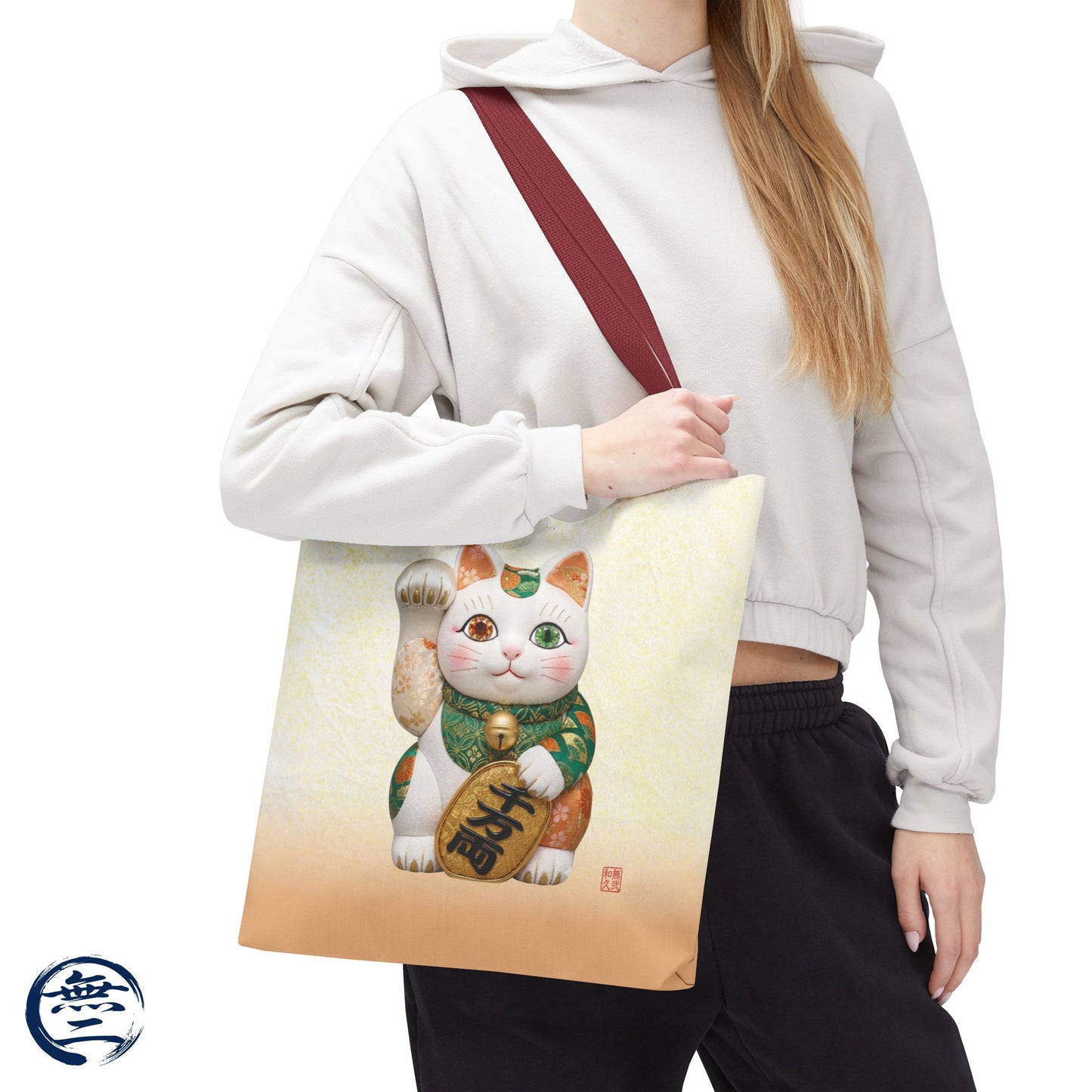 Shin-Maneki neko Modern Kimekomi Decor Style Tote Bag | Kawaii Odd-Eye & Smile Dual Design- Beckon Wealth and Prosperity MK2D | MU-NI Japan