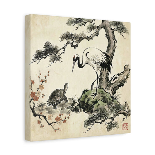 Japanese Crane and Turtle Longevity Zen Ink Art Canvas - Tsuru and Kame  | CT2V MU-NI Japan